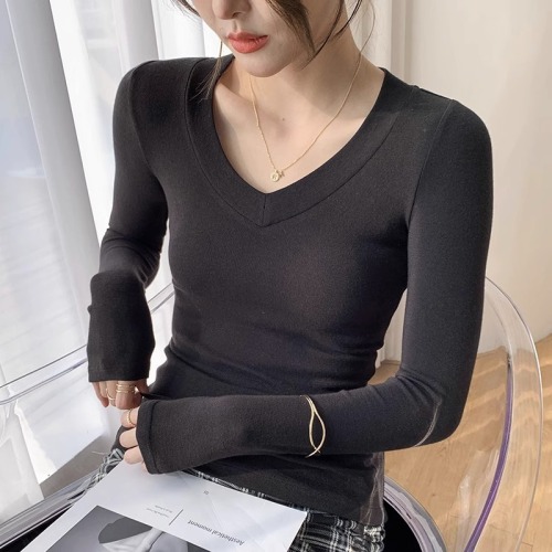 Threaded long-sleeved bottoming shirt for women  autumn and winter new V-neck t-shirt slim fit thin inner t-shirt top trendy