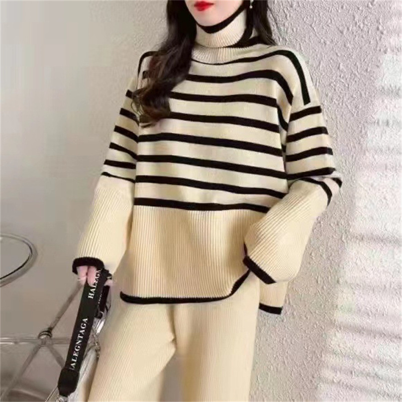 Striped turtleneck sweater, wide-leg pants two-piece suit for women, autumn and winter new slim, loose, casual long-sleeved sweater for women