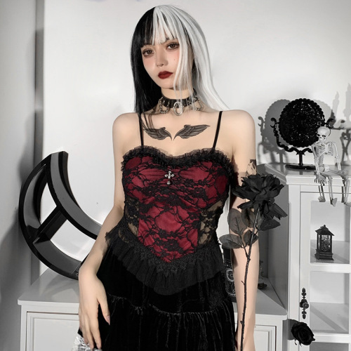 HY21497 dark style European and American Halloween new lace mesh camisole personalized cross vest for women