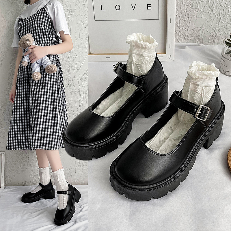 Round toe thick heel one-word buckle casual small leather shoes for women 2021 summer new style British style student shallow mouth low-top single shoes