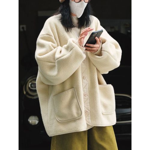 Winter new Korean style simple thickened polar fleece jacket loose and slim casual commuting fur coat design for women