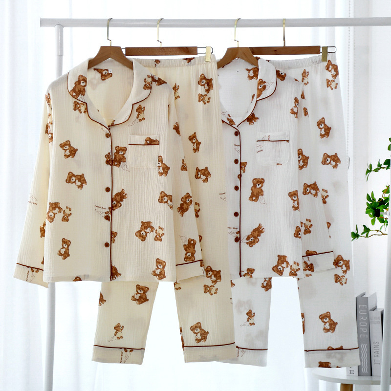 Pajamas for women in spring, summer and autumn, pure cotton gauze double-layer thin loose long-sleeved trousers home wear two-piece set
