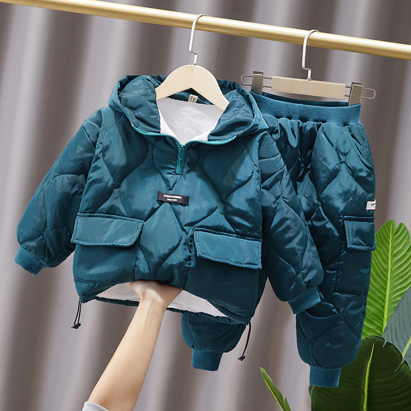 Children's Suit Boys' Winter Cotton Clothes 2023 New Style Western Style Small and Medium-sized Children's Baby Plus Velvet Thickened Cotton Clothes Trendy Brand