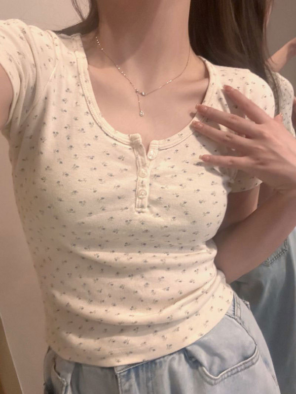 U-neck floral short-sleeved right-shoulder cropped top for women summer 2023 new slim design niche versatile t-shirt