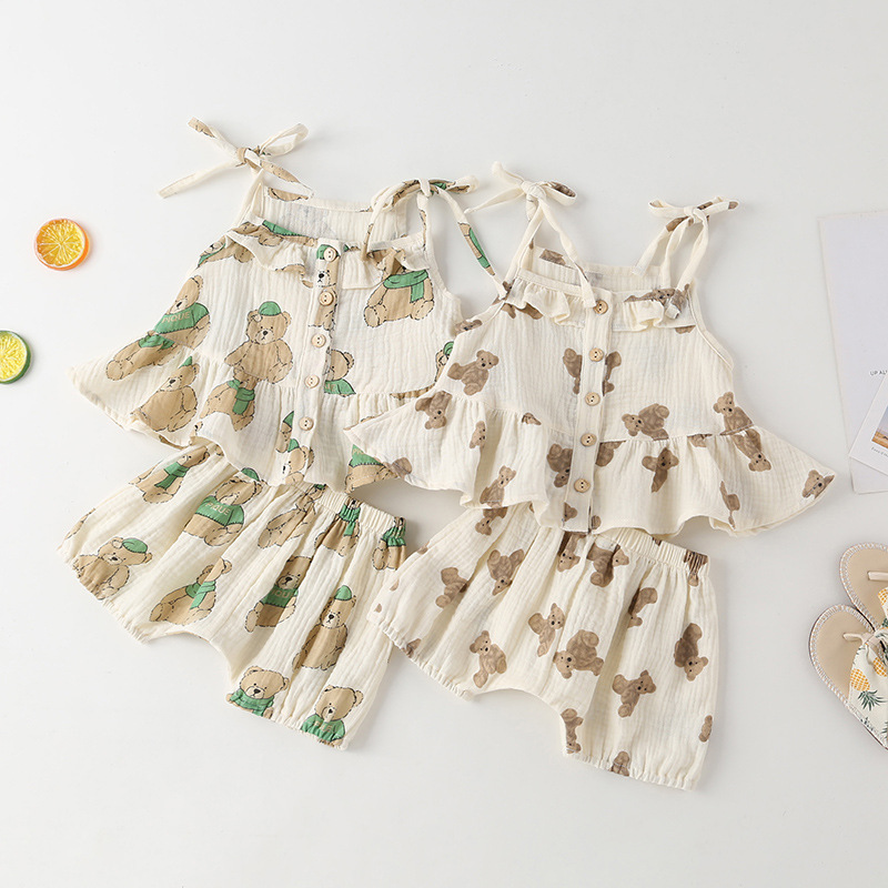 Korean children's clothing 2021 summer cute baby girl suit bear kid suit cartoon cross-border children's clothes