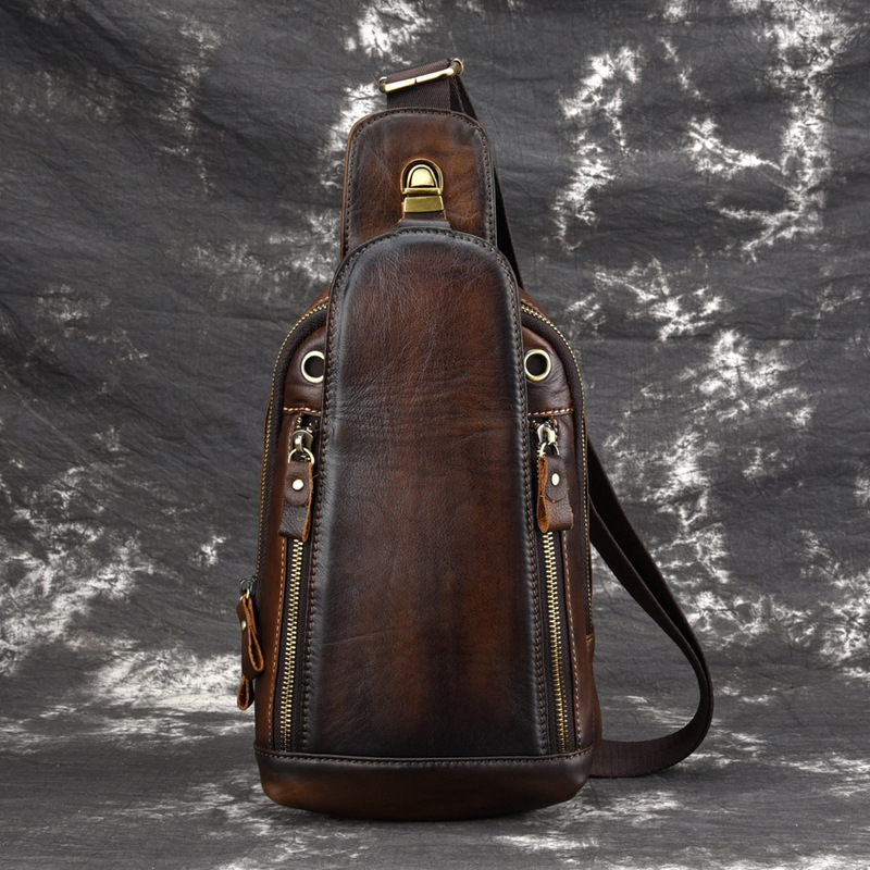 First-layer cowhide retro men's chest bag genuine leather shoulder crossbody bag casual chest bag hand-rubbed old men's bag