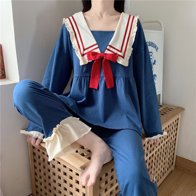 Pajamas for women spring and autumn long-sleeved Japanese navy collar blue cute and sweet student suit autumn and winter home clothes wholesale