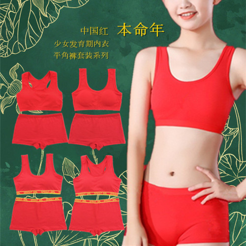 New Year's Chinese Red Birth Year Girls Developmental Underwear Boxer Briefs Set Girls' Vest Primary School Students' Chest Wrapping