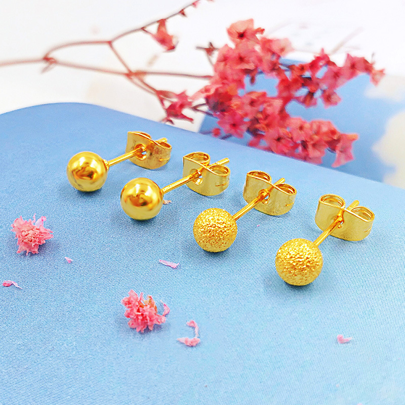 Small round ball glossy frosted earrings, women's fashionable brass gold-plated imitation gold bean fashionable round earrings wholesale
