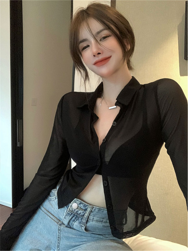 Black mesh shirt hot girl sexy sun protection shirt women summer new pure lust high waist slim chic niche top