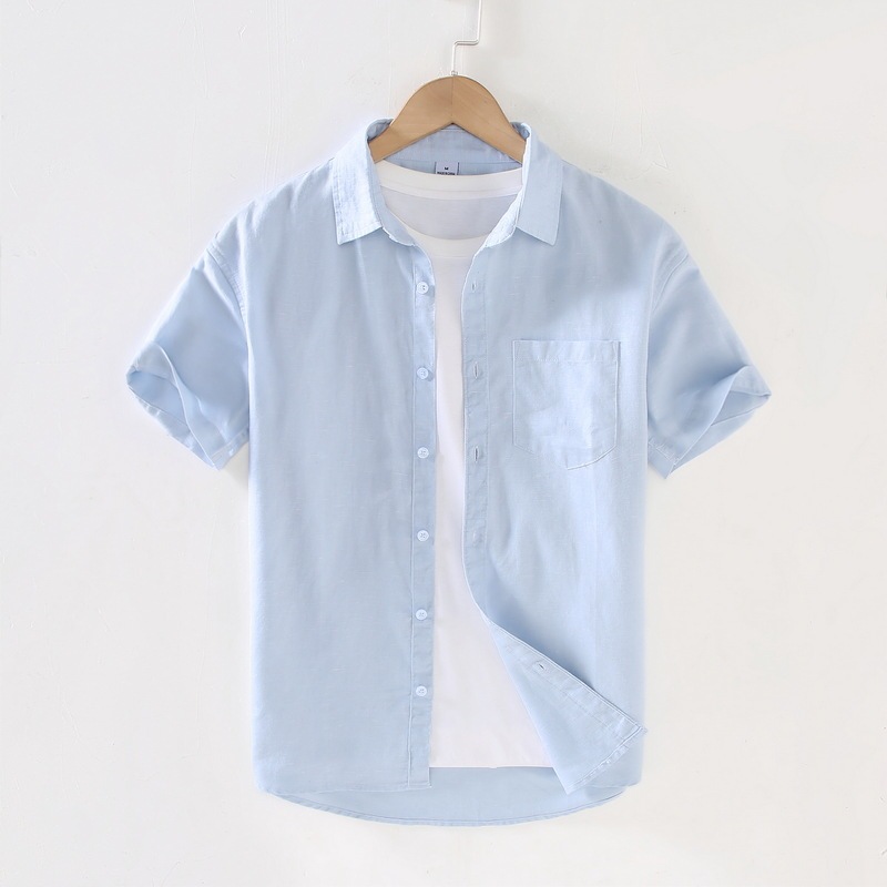917 new summer men's pocket cardigan square collar shirt casual cotton and linen basic short-sleeved thin shirt for men 917
