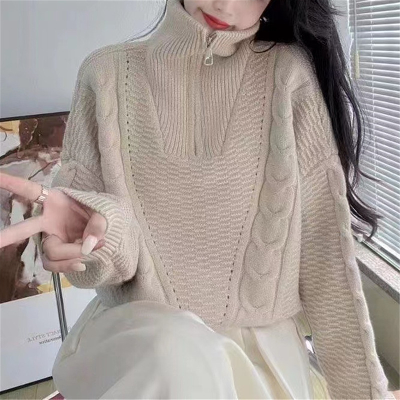 Korean style fashionable sweater for women, short design, stand collar, autumn and winter new casual versatile long-sleeved sweater jacket