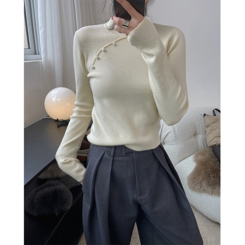 Spring new new Chinese style design diagonal placket sweater bottoming slim slimming soft comfortable long-sleeved top for women