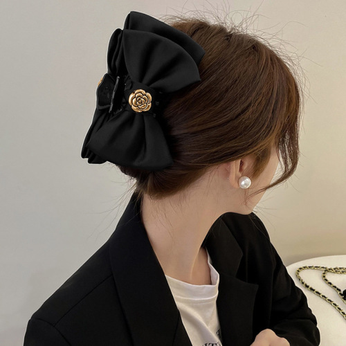 Black bow clip large old flower high-end hair clip French temperament shark clip hair clip women's headwear
