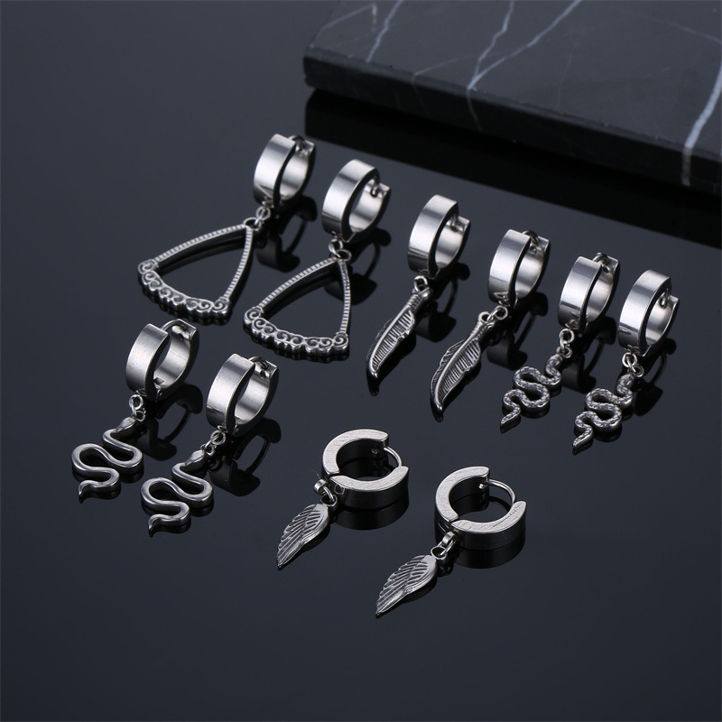 European and American retro stainless steel earrings niche style feather earrings trendy men's hip-hop personality exaggerated earrings earrings