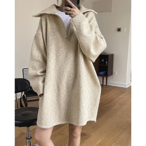 Autumn and winter new Korean style gentle large lapel zipper sweater dress Korean loose slimming high-end mid-length skirt for women