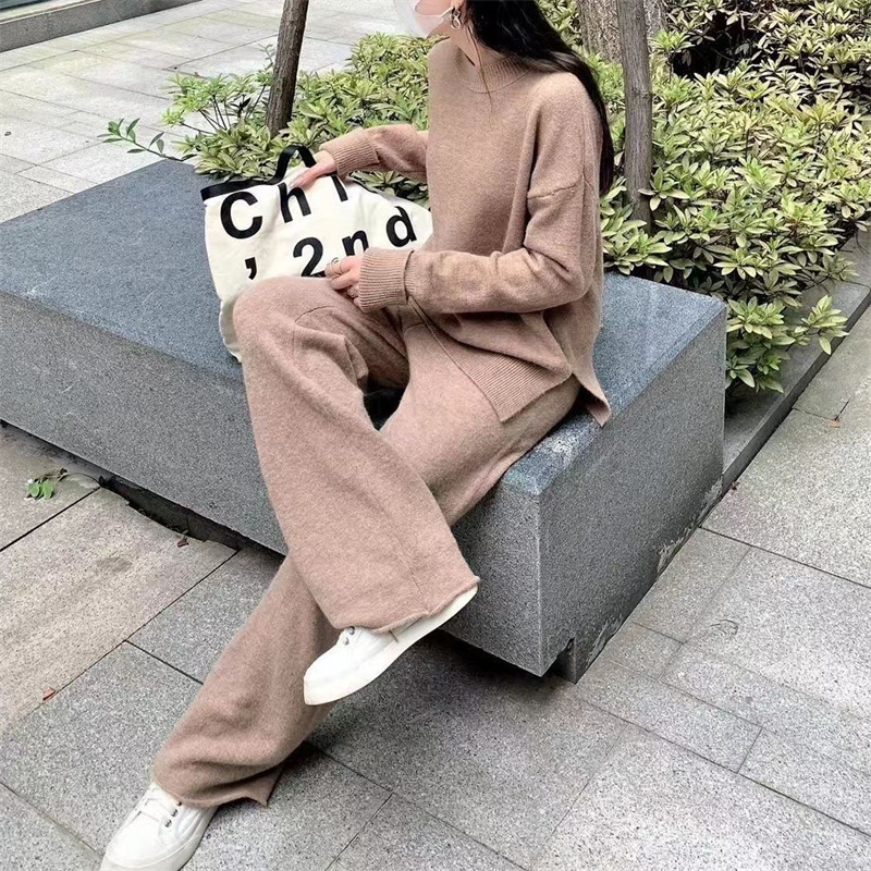 2023 autumn and winter new style lazy style knitted sweater, round neck sweater, side slit top, loose casual two-piece suit, trendy