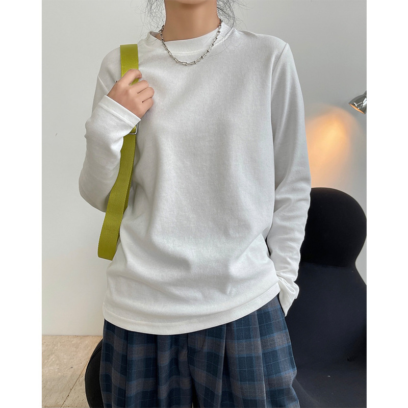Spring new European and American fashionable simple solid color round neck long-sleeved T-shirt bottoming casual comfortable elastic slimming top for women