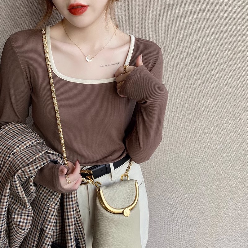 Square collar contrasting color slim long-sleeved T-shirt women's suit inner layering shirt autumn and winter thin 2023 new threaded top