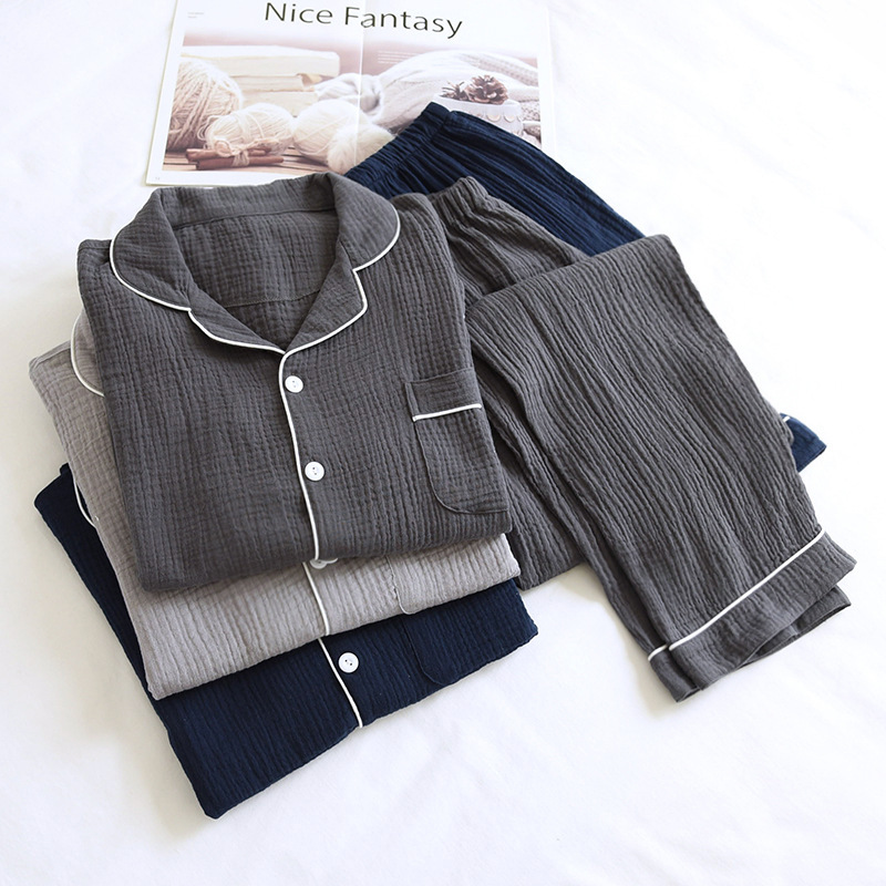 Pure cotton men's pajamas set loose spring and autumn double layer gauze large size cotton crepe long sleeve wholesale
