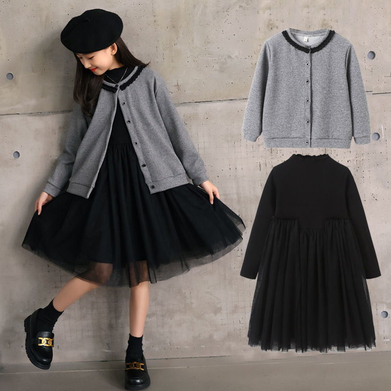 Girls dress suit 2023 spring and autumn new style medium and large children's clothing wholesale spring clothes cardigan jacket two pieces