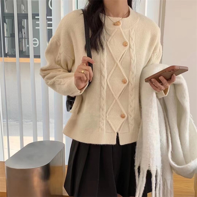 Round neck twist knitted cardigan for women 2023 autumn and winter new style irregular Korean style elegant loose sweater jacket