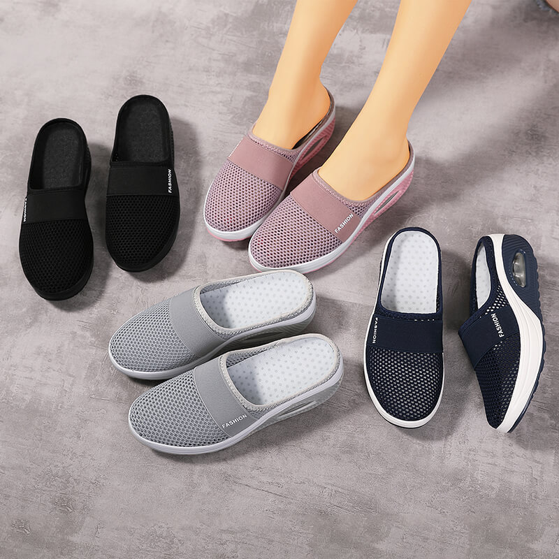 Foreign trade large size heelless slip-on women's lazy thick-soled air cushion hollow mesh breathable toe-cap half slipper women's shoes