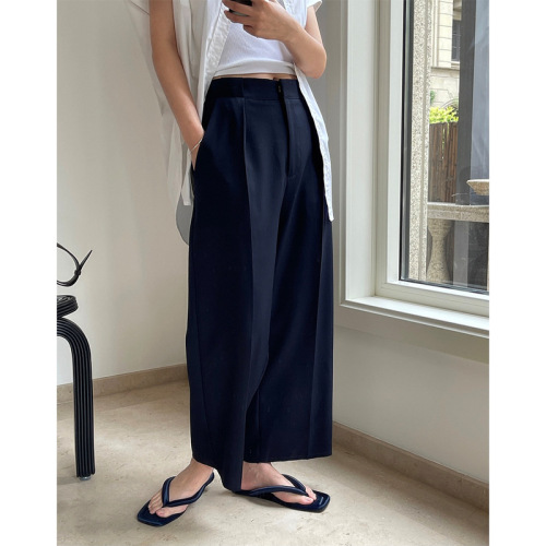 Summer new Korean style simple nine-point trousers high-waisted wide-leg loose slimming dry breathable small casual pants for women