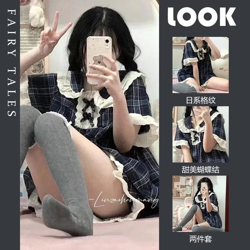 Pajamas for women summer pure lust style pajamas Japanese style ins style lace short sleeves sexy and cute doll collar home clothes