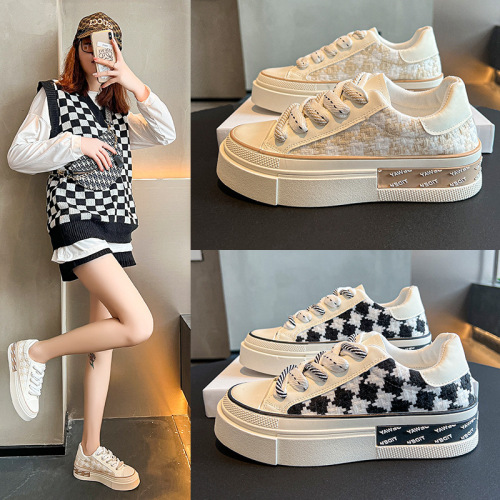 Xiaoxiangfeng checkerboard canvas shoes for women 2023 new niche design ins trendy thick-soled versatile small white sneakers