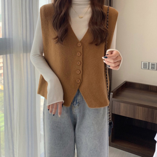 Korean style solid color sweater vest for women  autumn and winter new fashion sweater short style sleeveless vest top