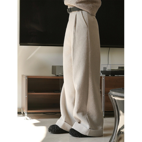 Heavy winter Korean style commuting simple wool tweed wide-leg casual pants high-waisted loose silhouette warm trousers for women