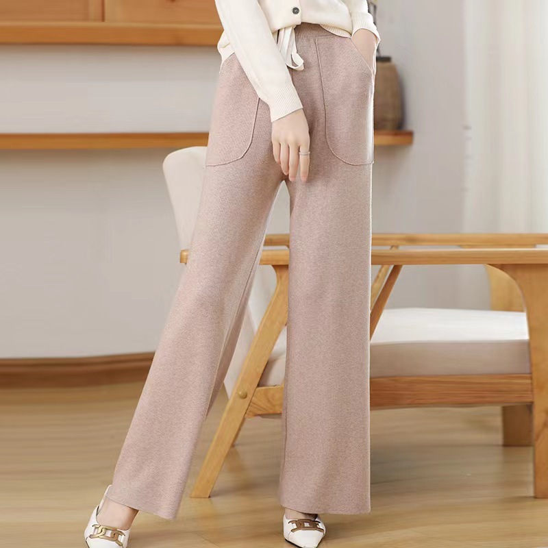 New autumn and winter women's knitted pants 2023 Korean style elastic waist casual pants with wide floor-length straight leg pants