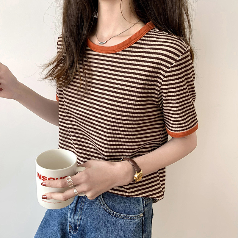 Striped short-sleeved t-shirt for women summer new Korean version loose women's round neck half-sleeved casual t-shirt tops women's clothing wholesale