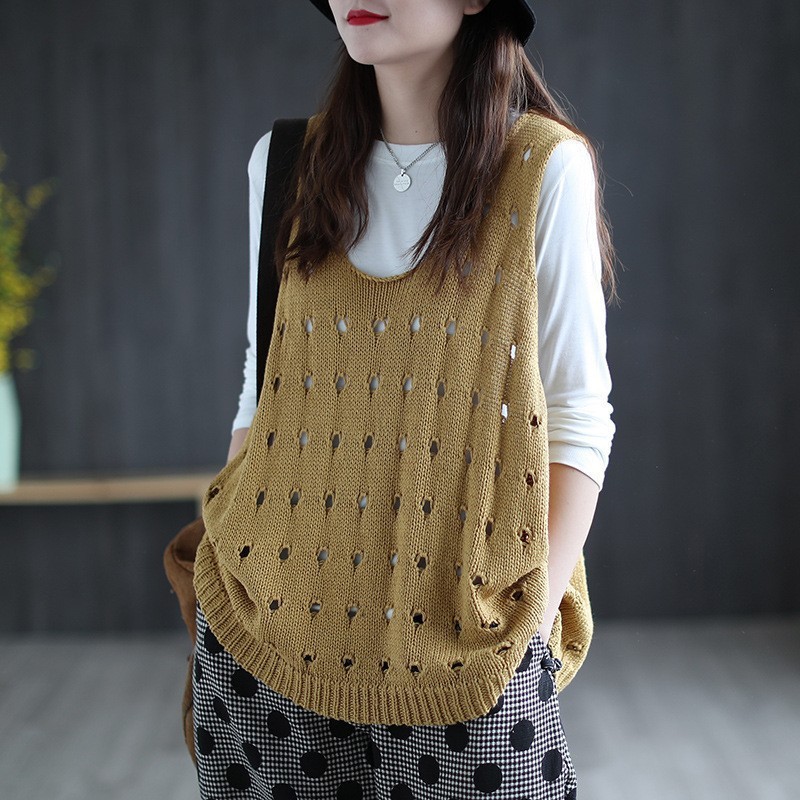 Hollow sweater plus size vest for women Korean style loose casual sleeveless waistcoat cross-border solid color ripped sweater for women trendy