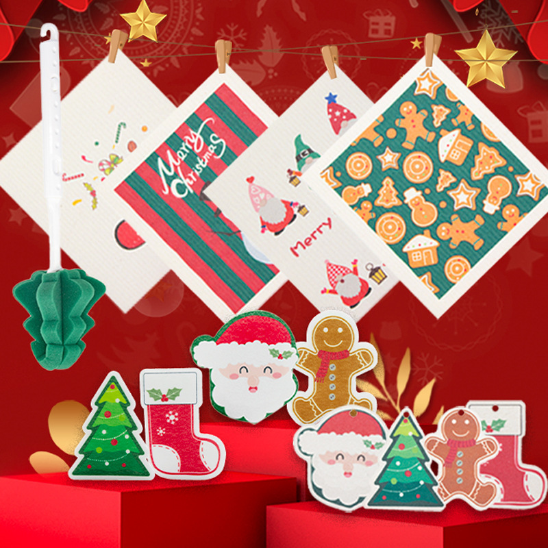 2023 Amazon best selling cartoon printed scouring pad, dishwashing cotton, kitchen cleaning dishwashing pan, Christmas sponge wipe