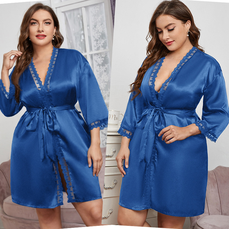 New plus size lace nightgown, home leisure, imitation silk cardigan bathrobe, fashionable mid-length sexy home wear