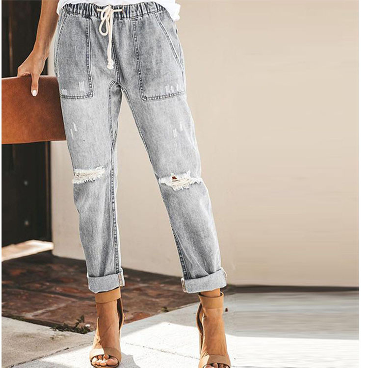 2024 European and American cross-border Amazon autumn new wish drawstring elastic waist ripped denim trousers casual pants for women