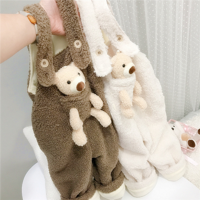 Children's Clothing 2023 Winter Children's Cute Pocket Bear Furry Overalls Plus Velvet Warm Trousers Unisex Baby Pants