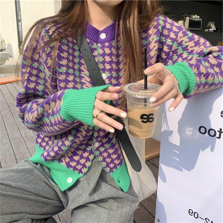 Spring and Autumn New Style Retro Lazy Style Loose Houndstooth Sweater Cardigan Jacket Women's Thick Contrast Color Knitted Top Trendy