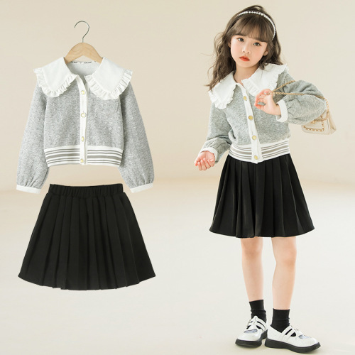 Girls Suits Spring and Autumn  New Korean Style Big Children's Fashionable Reverse Collar Airplane Jacket Pleated Skirt