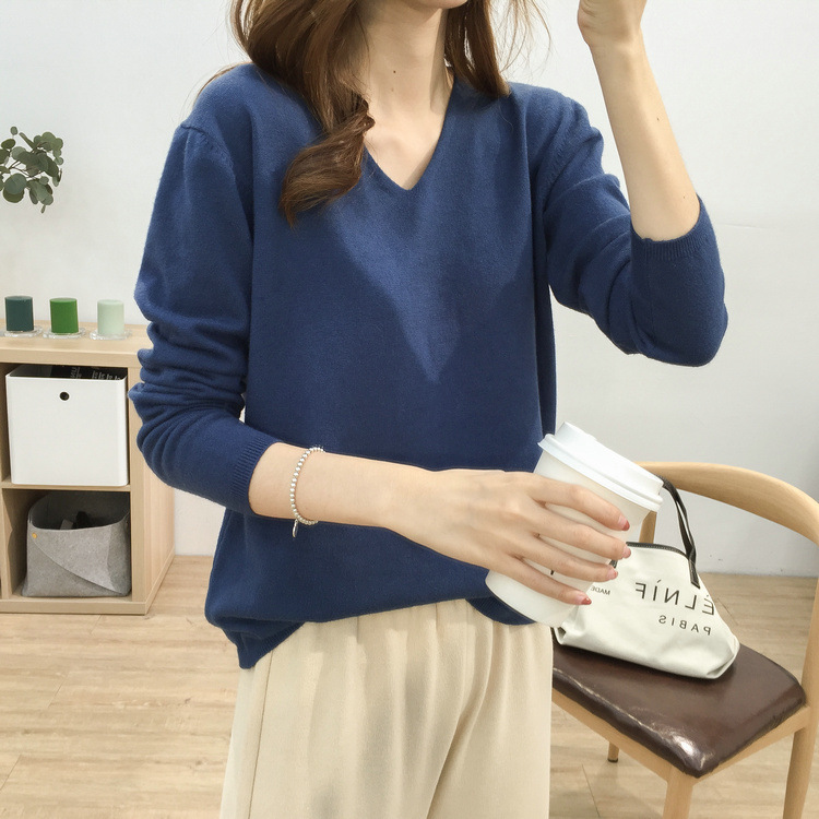 Basic sweater loose slimming V-neck solid color sweater for women soft and waxy comfortable long-sleeved bottoming shirt outer top