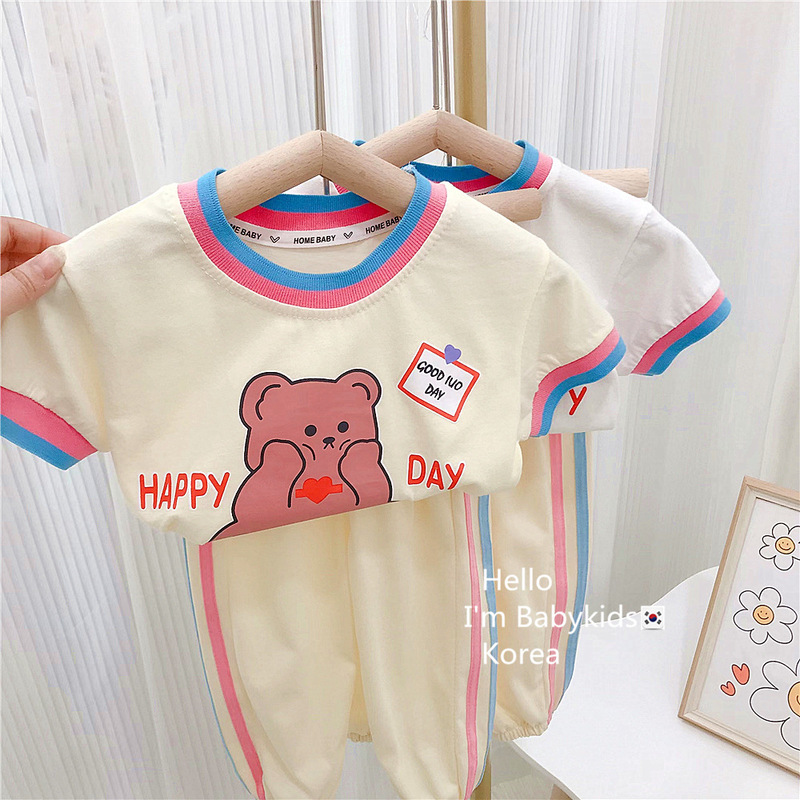 Girls Bear Rainbow Tie Suit Summer 2024 New Baby Girl Summer Clothes Casual Short Sleeves Long Pants Children's Clothes