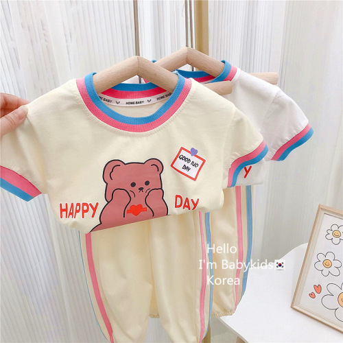 Girls Bear Rainbow Tie Suit Summer 2024 New Baby Girl Summer Clothes Casual Short Sleeves Long Pants Children's Clothes
