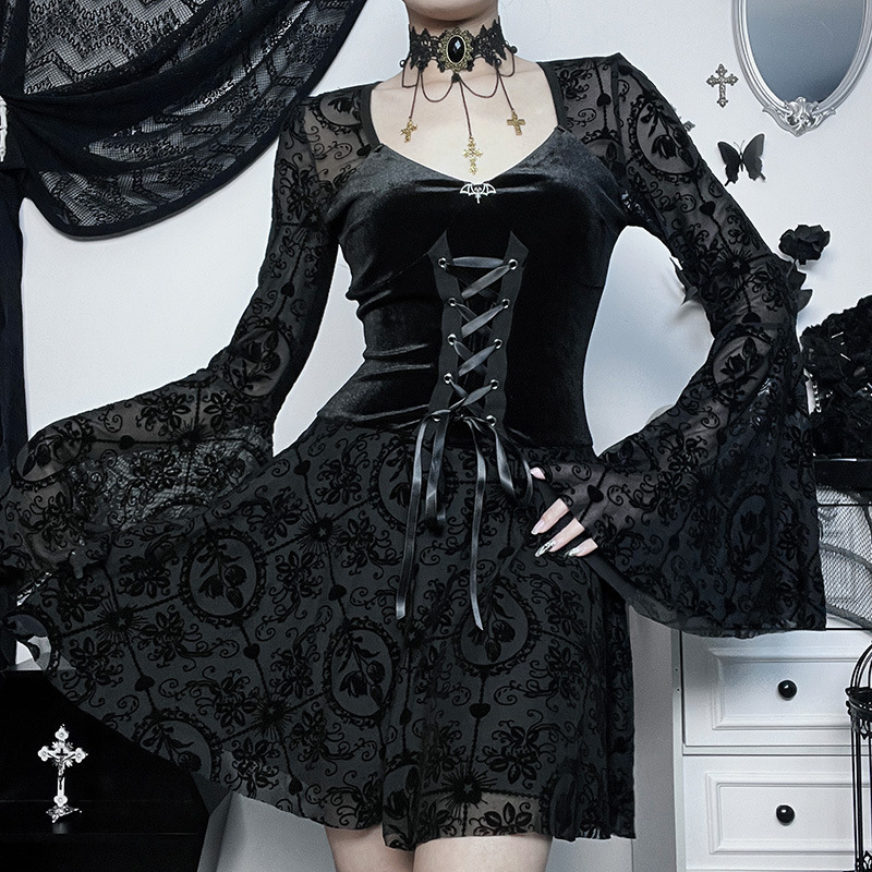 WY23083 Summer new fashionable temperament elegant slim long skirt retro dark flocking long-sleeved dress for women