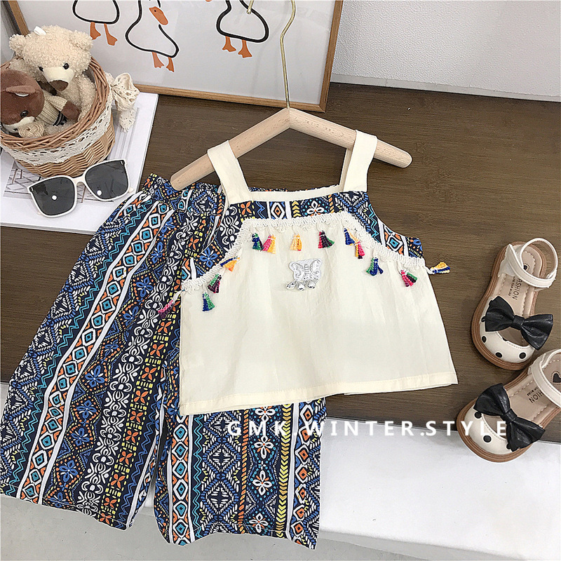 Girls suit ethnic style summer children's clothing baby girl sling tassel two-piece set retro summer vacation clothes
