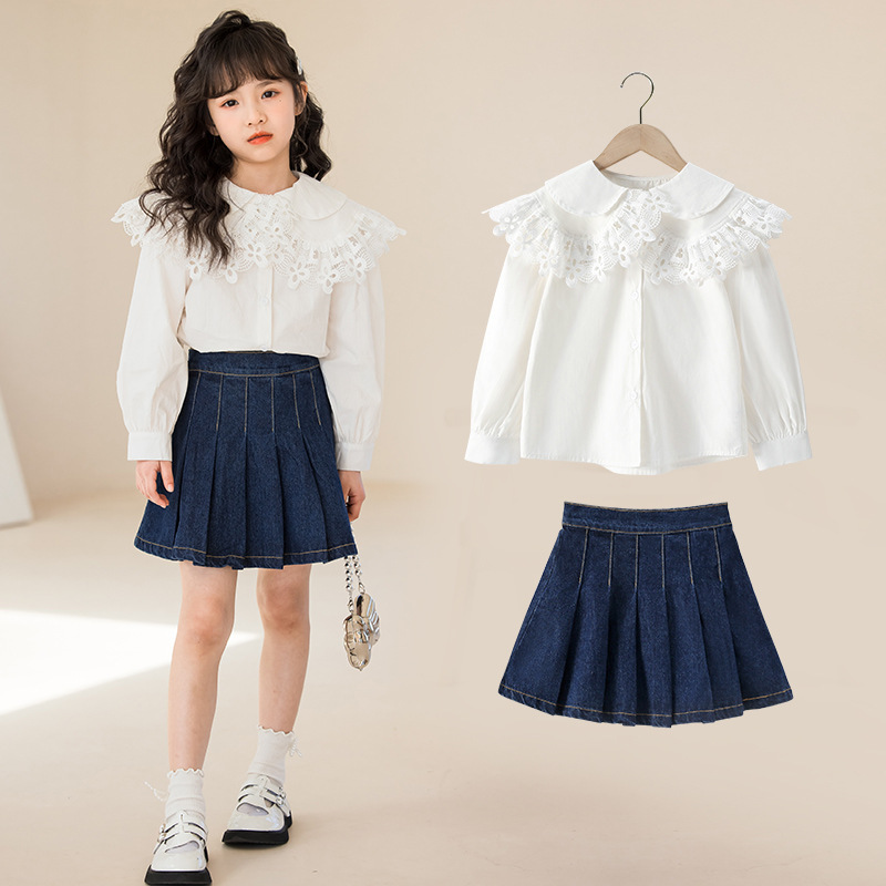 Girls' lace reverse collar shirt and skirt two-piece set 2023 new autumn style older children's Korean style fashionable suit