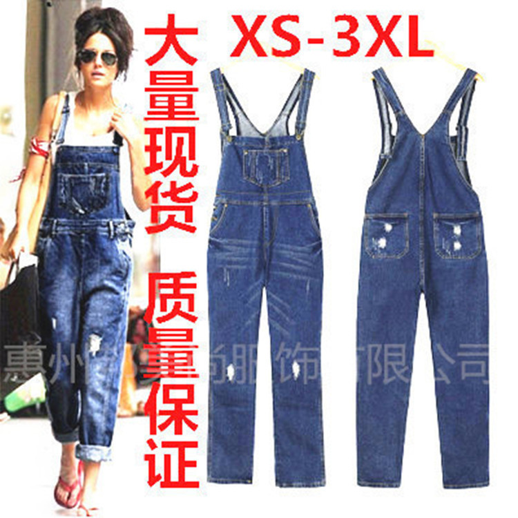 Cross-border wish AliExpress ebay Amazon European and American women's loose large size ripped denim overalls one-piece overalls