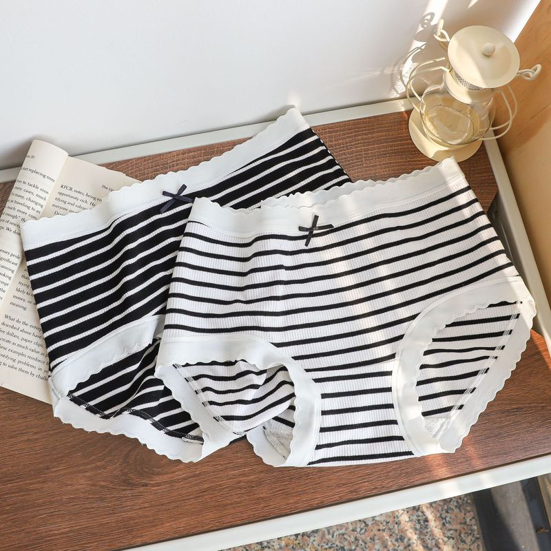 N8217 Threaded fabric simple mid-waist striped underwear, hip-covering, comfortable and breathable girls' Japanese style briefs