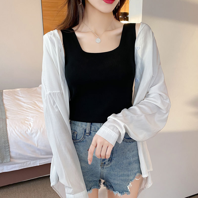 Knitted suspender ice silk vest for women in summer with black and white bottoming shirt for outer wear square collar slim Korean style top trendy